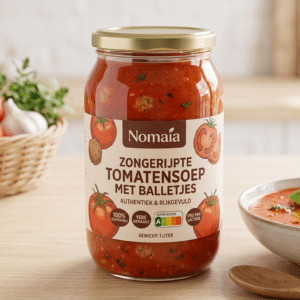 Zongerijpte tomatensoep met balletjes